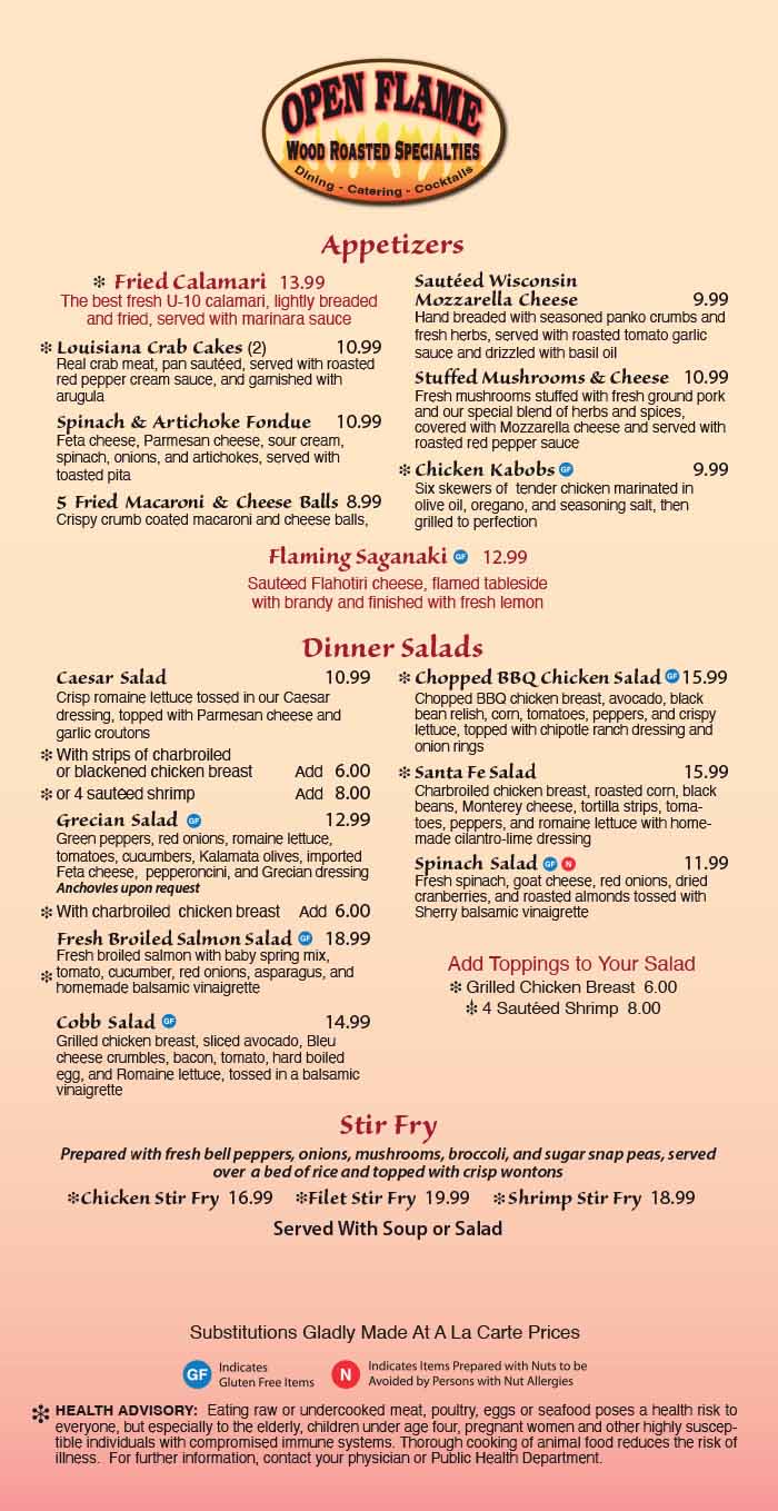 Open Flame Dinner Menu page 1